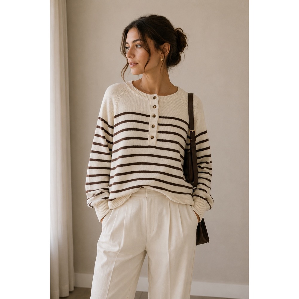 French Connection Mozart Striped Henley Sweater Cream Brown Cotton Size L